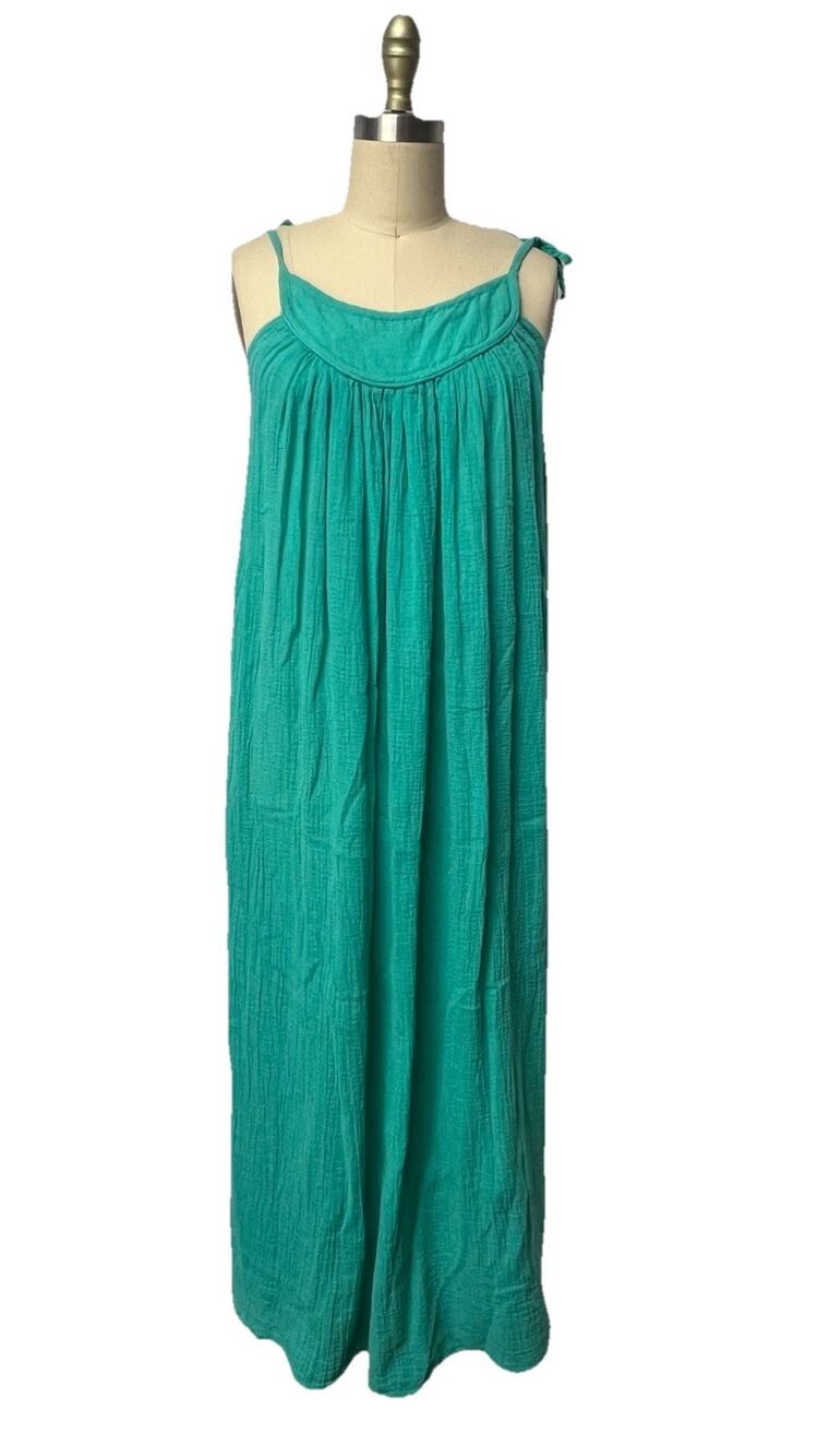 Vtg 70's Teal Gauze 100% Cotton Maxi Dress Sundress Spaghetti Strap Sz S Calif.